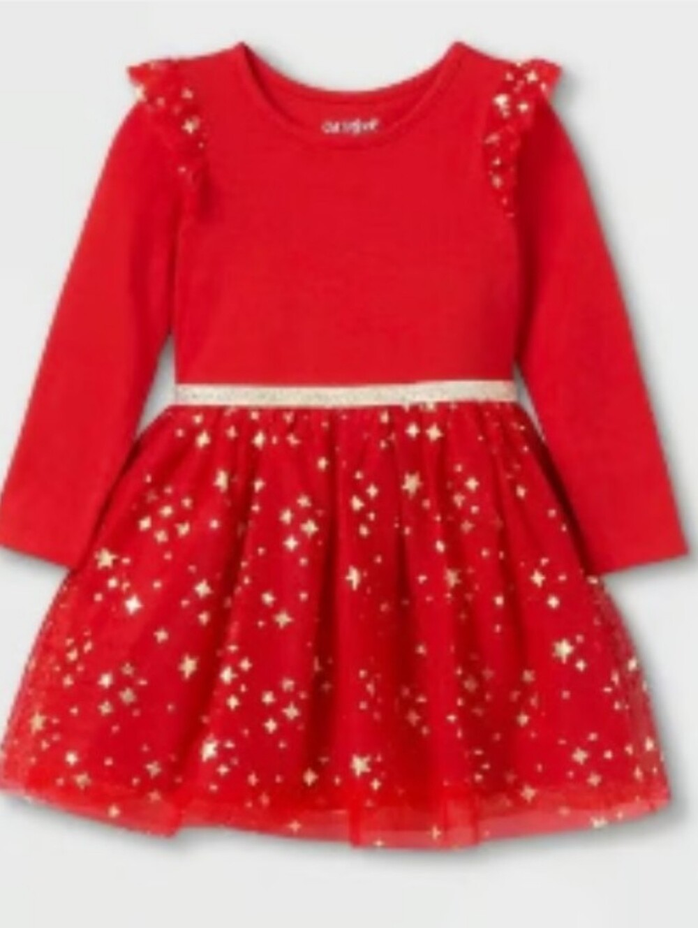 Girls Red Long-Sleeve Star Mesh Tulle Dress with Gold Waistband, Size 2T